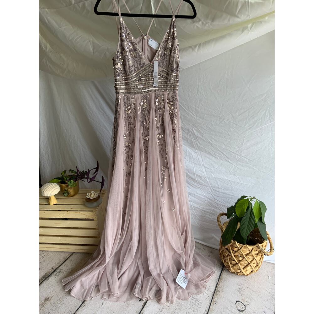 ASOS Formal Beaded Gown Size 2 Champagne Strappy Fit And Flare Prom